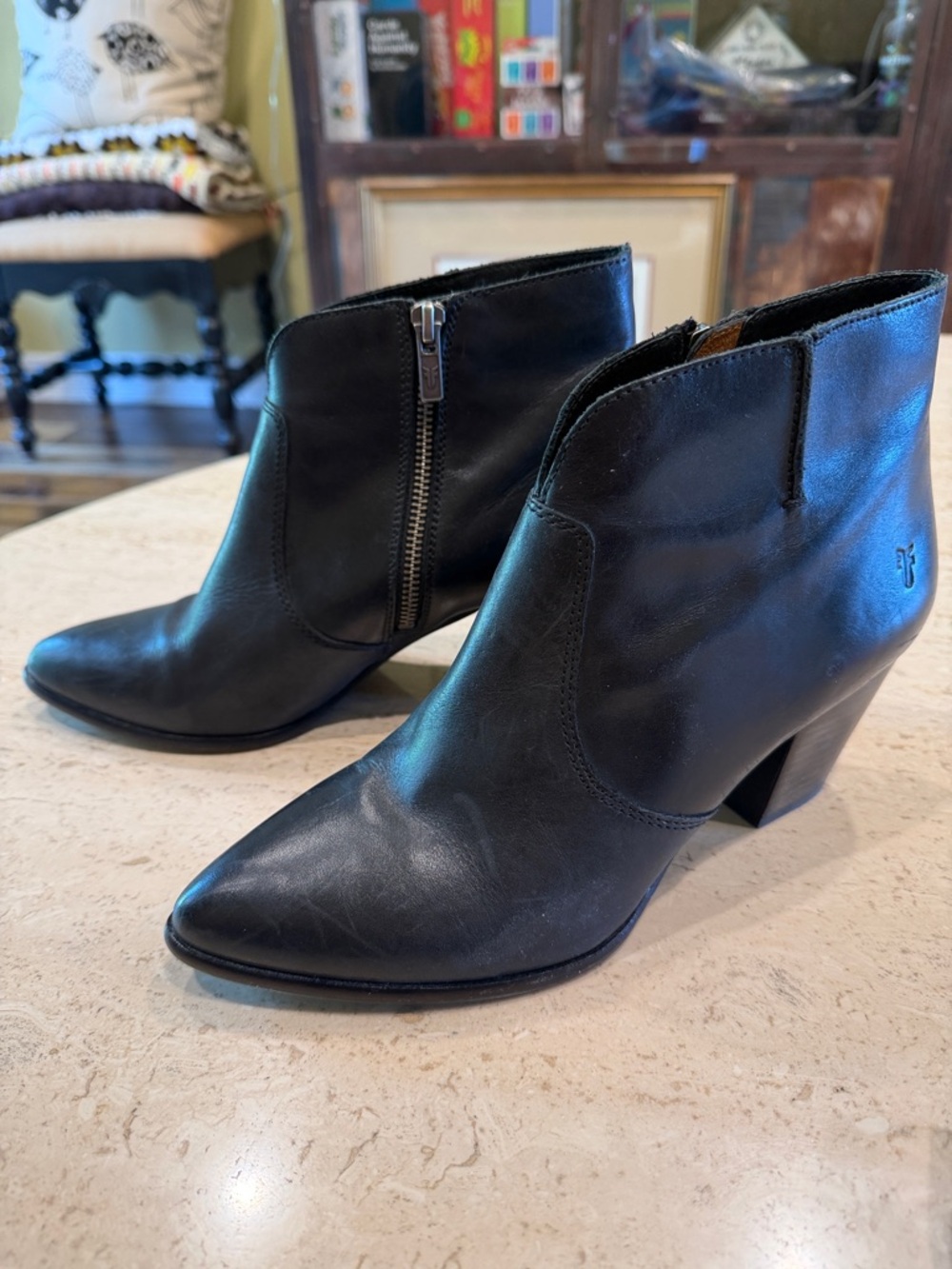 Frye Black Leather Pointed Toe Ankle Booties with Block Heel